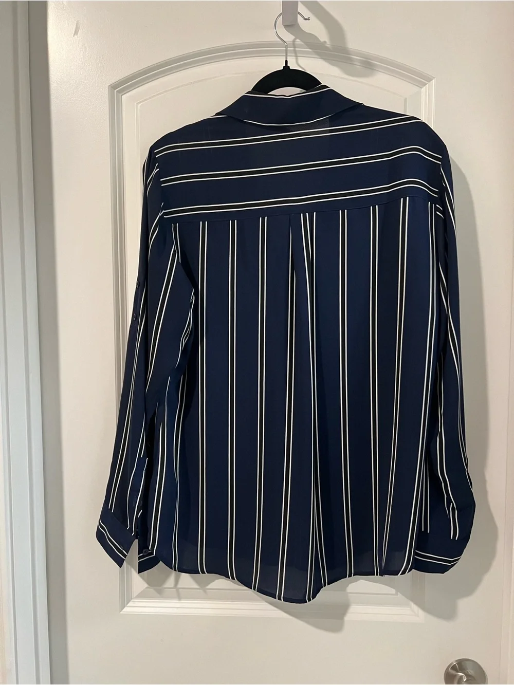Express Navy and White Vertical Stripe Button-Down Blouse